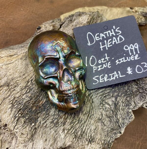 "DEATH'S HEAD" SCALLYWAG'S PREMIUM HAND POURED 10 ozt .999 FINE SILVER SKULL SERIAL # 03 WEBINAR